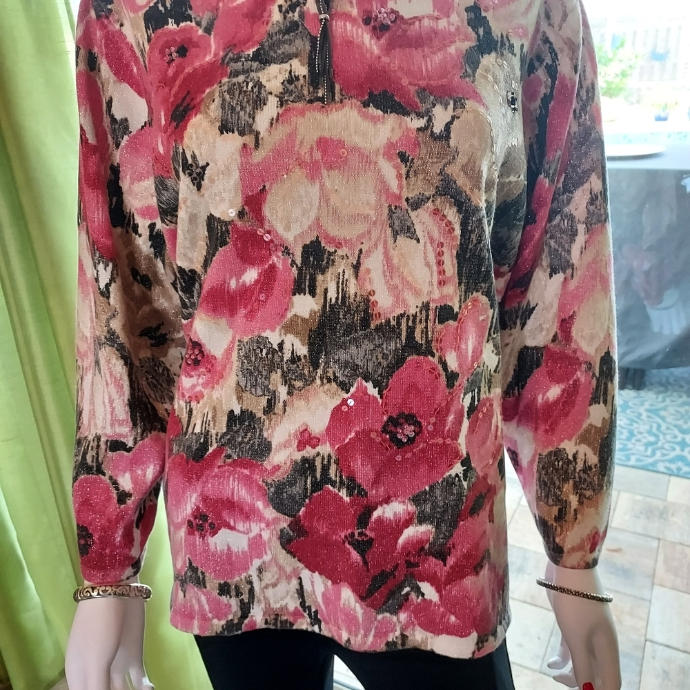Flowered Sweater With Silver Threading Detail + S… - image 1